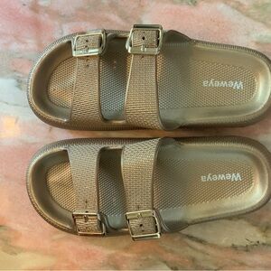 Weweya Metallic Gold Slides Double Buckle Sandals EU42-43